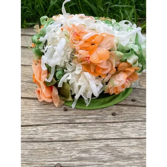 Vintage 1960s Millinery Flower Bucket Hat Peach and Green